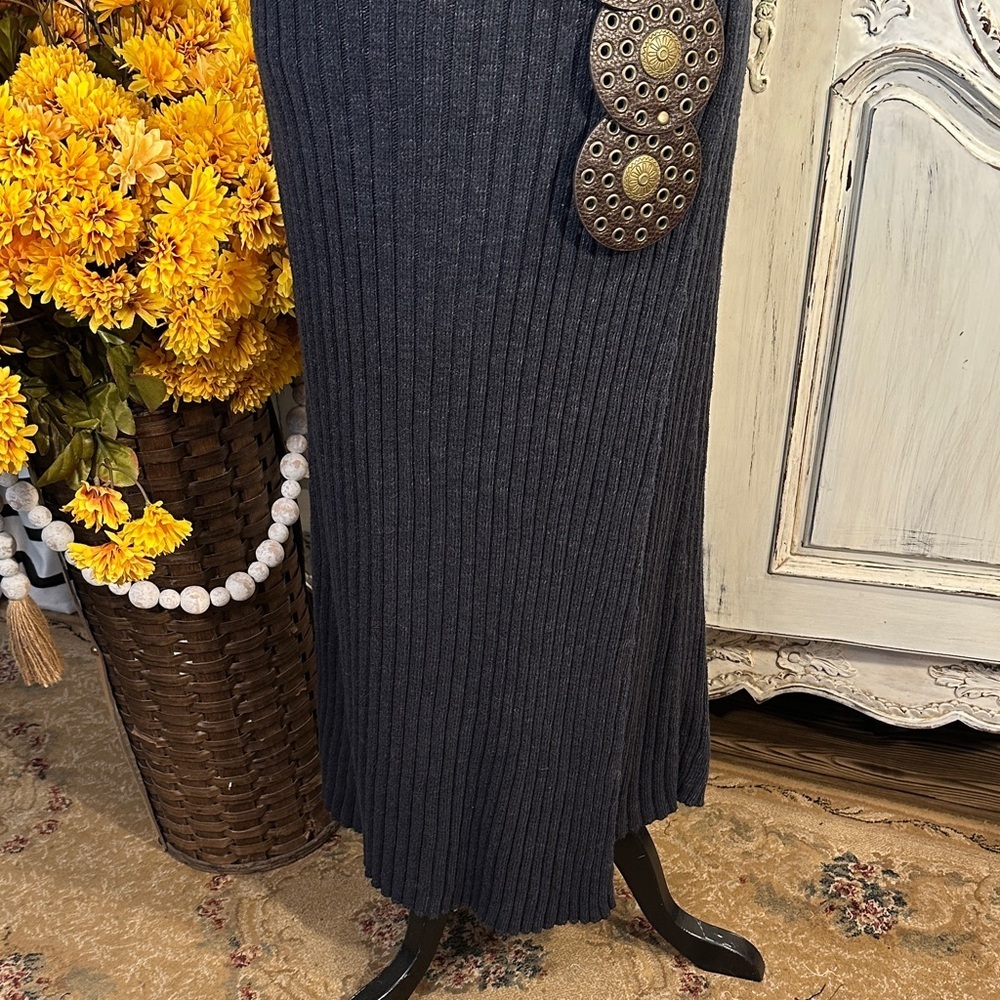 Free People Better Days Grayed Blue Elegant Ribbed Knit Maxi Skirt / Deep Slit - Picture 2 of 11